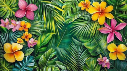 Fototapeta premium Exotic Flora A Tropical Paradise with Vivid Blooms and Lush Foliage Creating a Sense of Tranquility and Natural Beauty