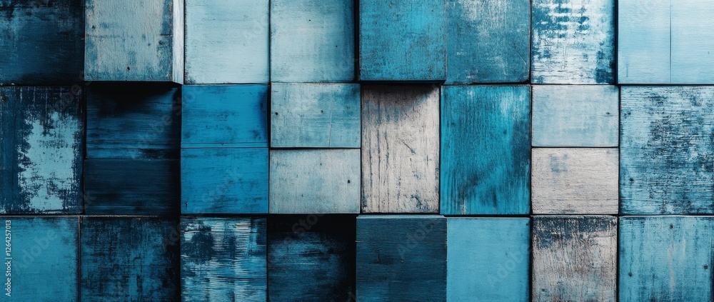 Fototapete old wooden blocks arranged in intricate patterns create a striking blue abstract background in a tex