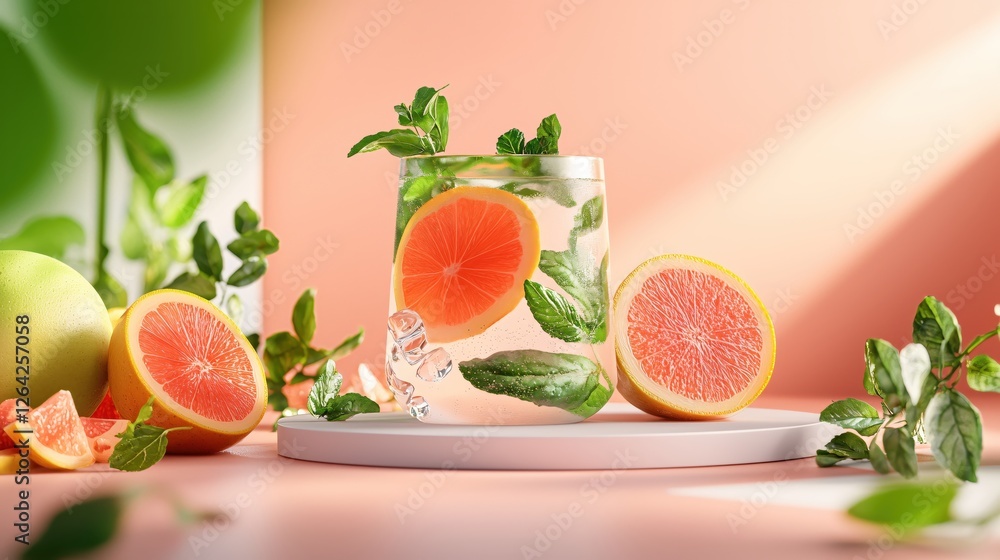 Poster refreshing grapefruit infusion aromatic mint and sparkling ice cubes in a glass still life