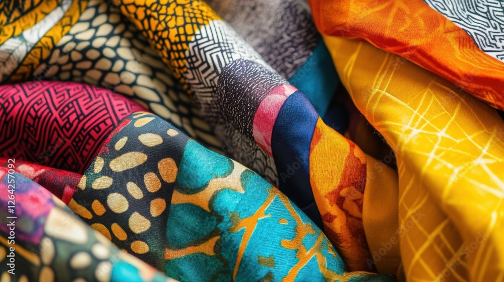 Poster Close up of intricate patterned fabrics featuring floral and geometric designs with space for personalized text. Generative AI