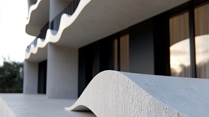 Modern architectural design featuring wavy concrete elements and large windows in a serene setting