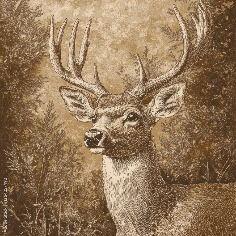 Leinwandbilder Intricate engraved deer portrait in sepia tones with ample space for text customization. Generative AI