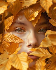 A close-up portrait of a girl surrounded by vibrant autumn leaves.