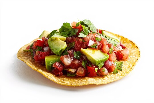 Delicious tuna tostada with avocado cilantro and tomato salsa on a white background
