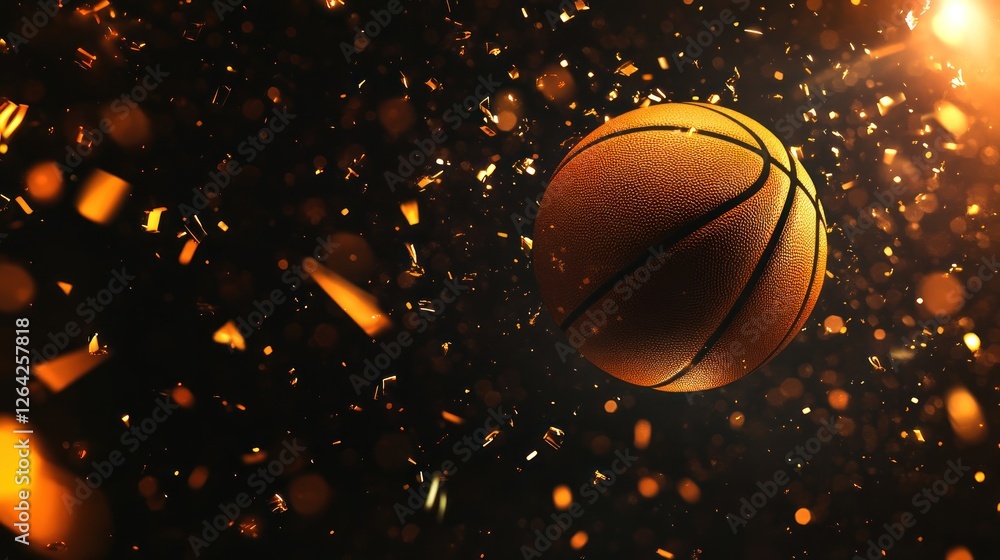 Poster a basketball in motion surrounded by dynamic particles and light effects.