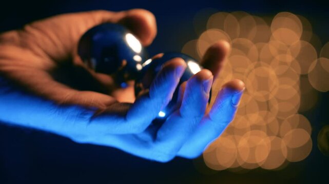 Meditation Baoding Balls in Hand with Blue and Yellow Light, Stress Relief Therapy Spheres Close Up, Mindfulness Practice with Bokeh Background
