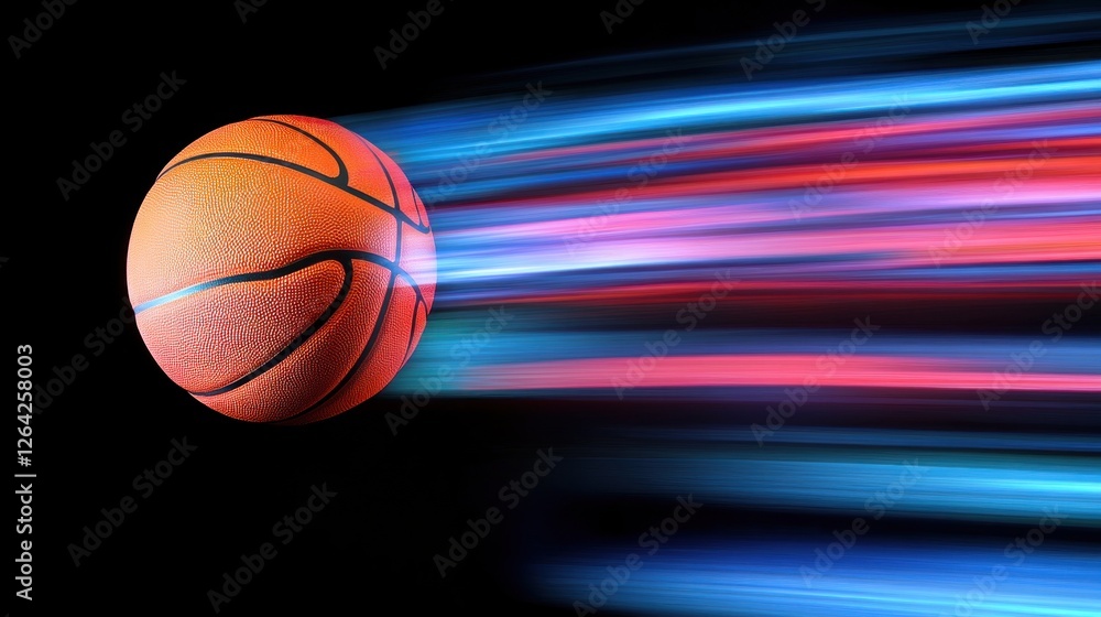 Poster a basketball in motion with colorful streaks representing speed and energy.