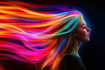 Naklejka premium Vibrant rainbow hair flowing freely, woman in profile. Ideal for beauty, fashion, and vibrant themes.