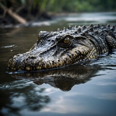 Obraz premium Crocodile Lurking Beneath Murky River Surface, Eyes and Snout Peeking