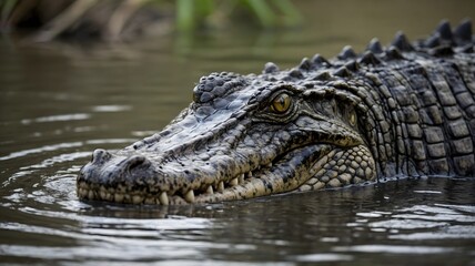 Obraz premium Stealthy Predator: Crocodile Hiding Under River's Murky Waters with Visible Eyes