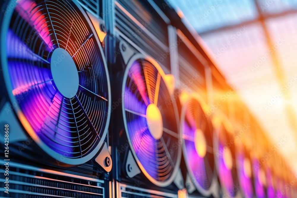 Fototapete Cooling System with Rotating Fans in Server Room for Data Processing and High Performance