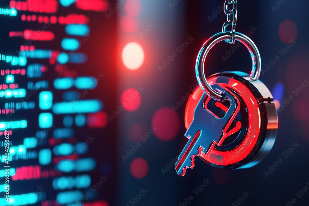 Poster Cyberpunk Key to Digital Security with Neon Lights and Futuristic Abstract Background