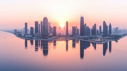 Obraz premium Stunning Sunrise Cityscape Modern Architecture Skyline Reflection