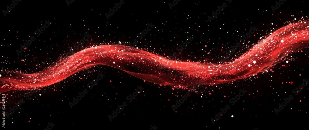 Poster glowing red particle waves create a digital illusion of movement and energy on a dark background