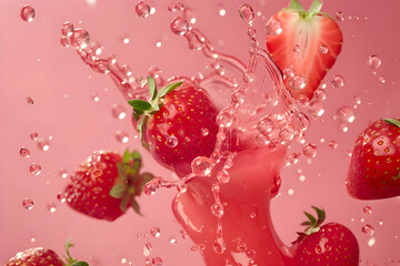 Fresh strawberries splashing into pink liquid, creating dynamic droplets in a vibrant setting