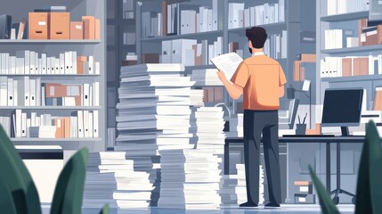 Man reviewing documents amidst stacks of paperwork in an office. Illustrates office workload, organization, and data management challenges.