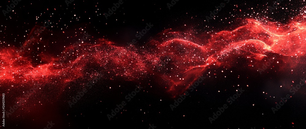 Poster glowing red particle waves create a digital illusion of movement and energy on a dark background