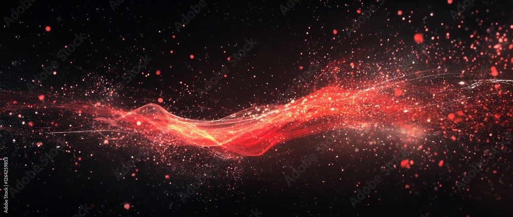 Poster glowing red particle waves create a digital illusion of movement and energy on a dark background