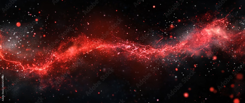 Poster glowing red particle waves create a digital illusion of movement and energy on a dark background