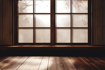 A window with a wooden frame overlooks a blurry view