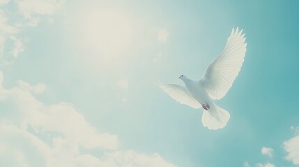 Fototapeta premium White dove flying in clear blue sky, symbolizing peace, freedom, and hope, with serene and tranquil atmosphere, representing harmony and unity