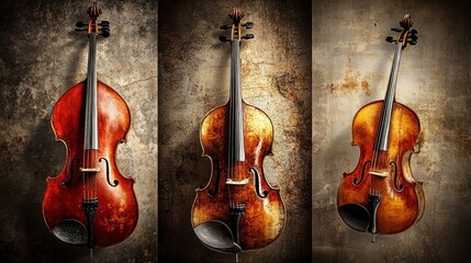 Fototapeta premium Three cellos, studio shot, textured wall, musical instruments, advertising