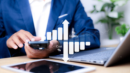 Cost and quality control, business strategy and project management concept. Businessman working on digital tablet with quality control growth graph and cost reduction