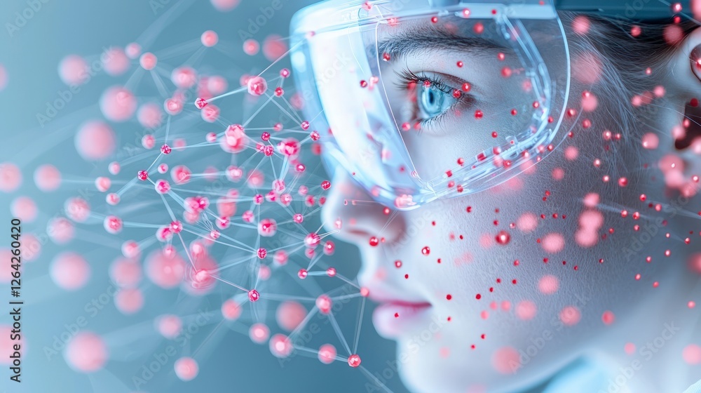 Poster young scientist in futuristic lab exploring molecular network innovation technology re