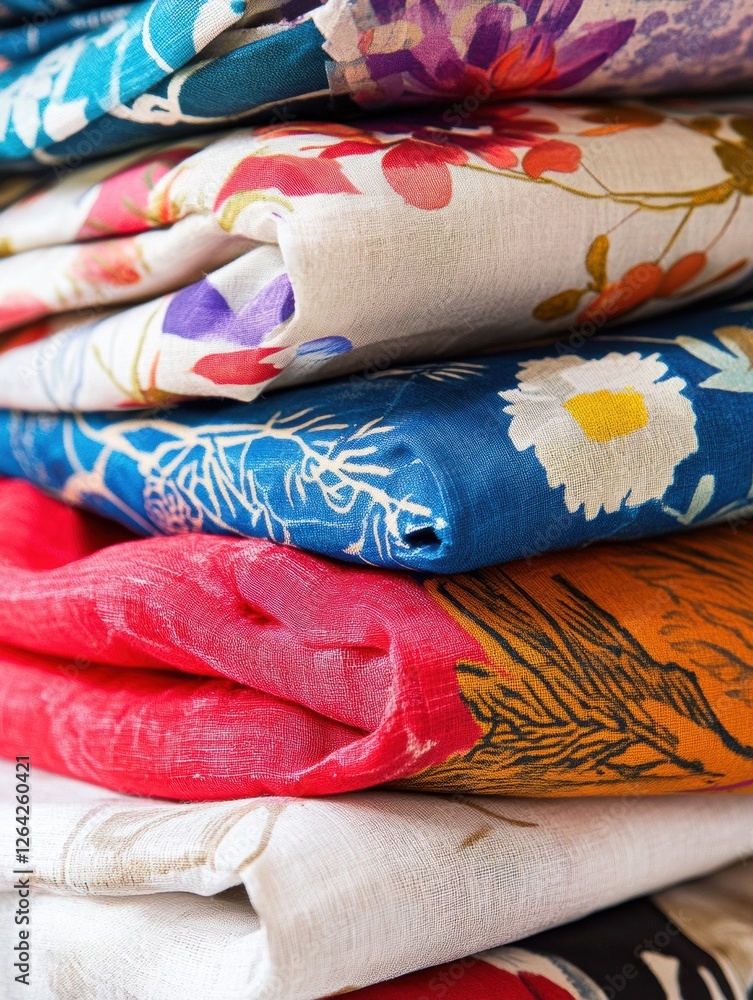 Poster colorful close up of folded patterned textiles featuring floral and geometric designs with space for
