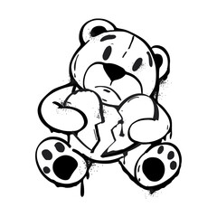 vector illustration of bear with broken heart in black and white