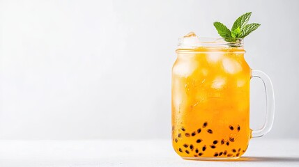 Refreshing passion fruit drink in a mason jar with ice and mint leaves on a light background
