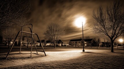 Fototapeta premium Night playground, suburban streetlight, snow, empty, houses, winter, dark, cold, lonely, stillness, mood