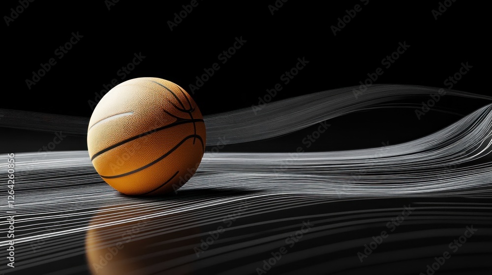 Poster a basketball resting on a reflective surface with flowing lines in a dark background.