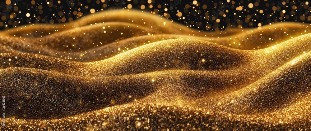 Poster golden glitter particles create a luxurious background with shimmering sand and sparkling dust for c