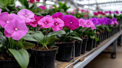 Orchids in a greenhouse, various colors, on a shelf. Stock photo for gardening enthusiasts