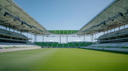 Naklejka premium Modern Soccer Stadium with Green Field and White Seats Under Bright Sunlight