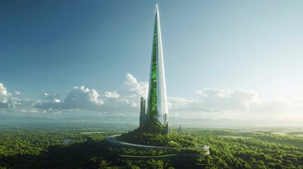 Fototapeta premium Futuristic Thin Spire Rising Above Lush Green Landscape