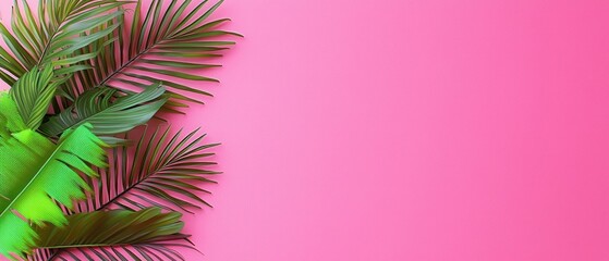 Lush Green Tropical Leaves on Bright Pink Background