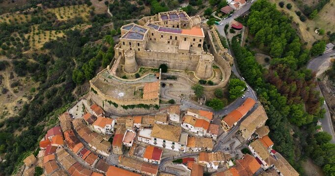 Castello Svevo On Top Of Rocca Imperiale Town In Cosenza, Italy. aerial shot