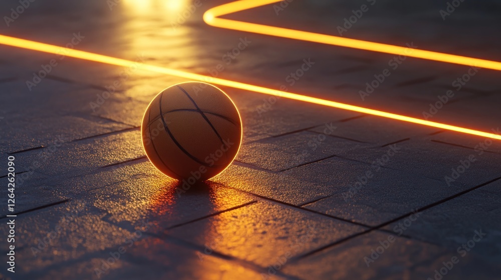 Poster a basketball rests on a reflective surface with glowing lines in the background.