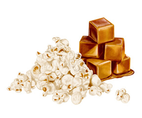 Popcorn with caramel. A pile of crispy corn and a big piece of caramel. Watercolor illustration without background. Realistic style. Appetizer, menu, party snack.