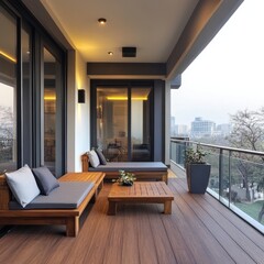 Fototapeta premium Modern apartment balcony showcases beautiful wooden furniture and cityscape view