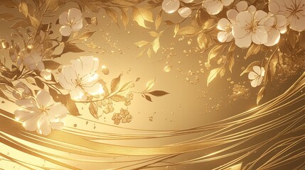 Golden floral background with swirling lines and bokeh