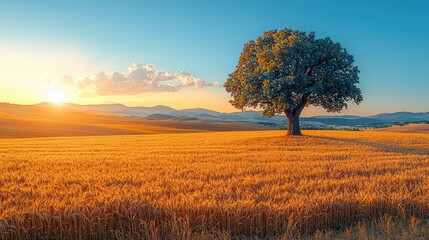 Fototapeta premium Majestic solitary tree stands in golden wheat field at sunset with mountains in background
