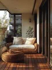 Inviting outdoor balcony showcases rattan furniture and hardwood flooring