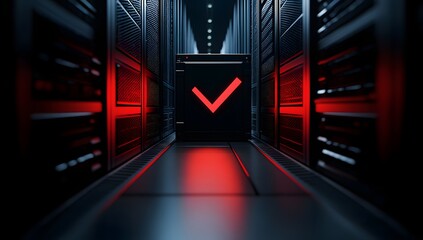Server room corridor, approved server rack, glowing red check mark