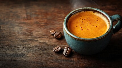 Close-up of a steaming cup of coffee on a rustic wooden table with coffee beans nearby