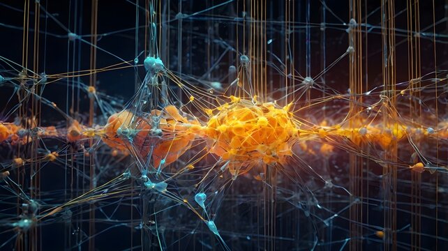 Neural network visualization with glowing connections, deep learning layers processing massive data sets, and futuristic AI models at work.

