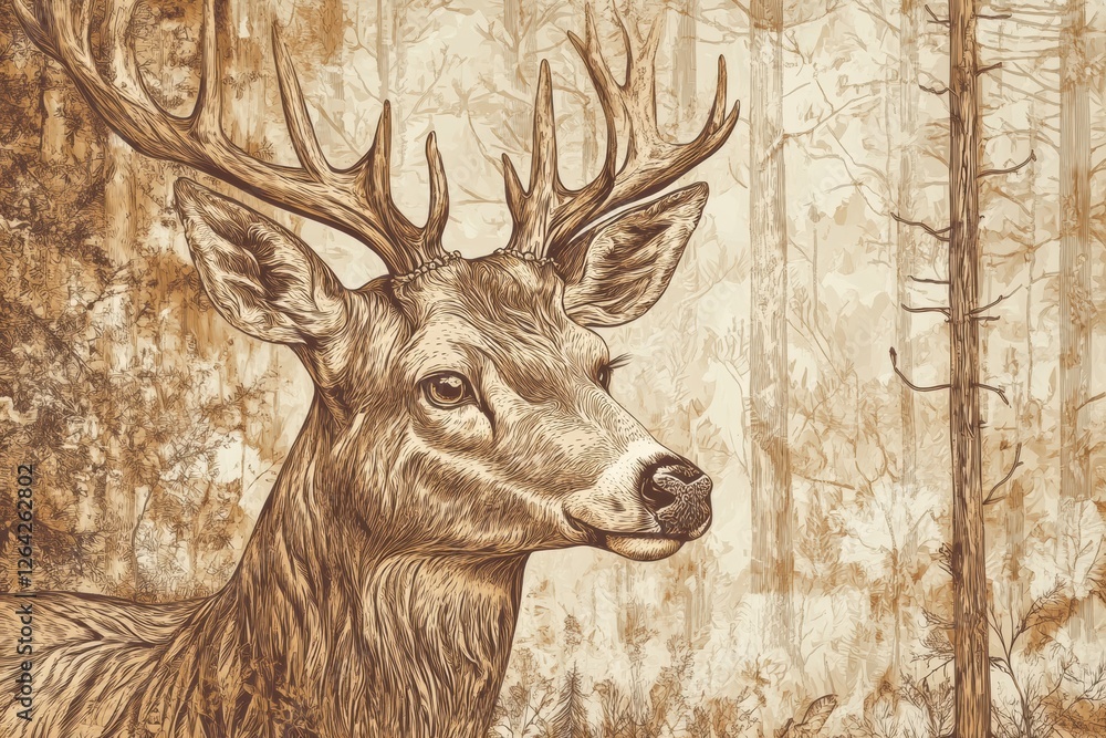 Fototapete engraved deer portrait showcasing intricate line work in sepia tones with ample space for text. gene