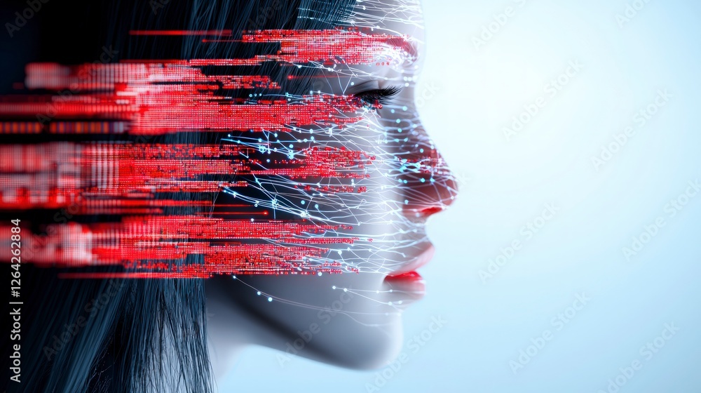 Aufkleber futuristic ai woman face digital interface red data stream neural network technology c